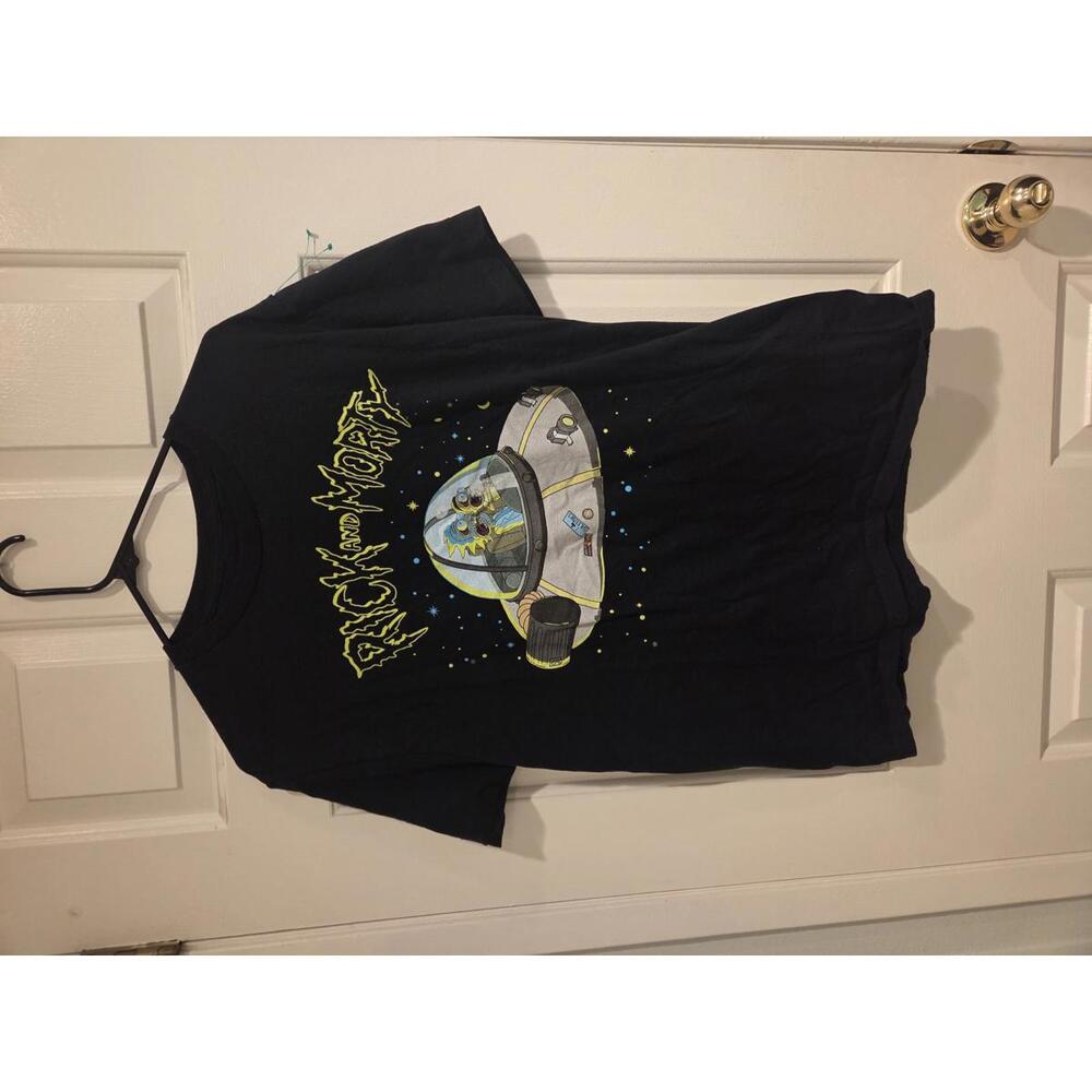Large Rick and Morty Black Graphic T-Shirt with Spaceship Print